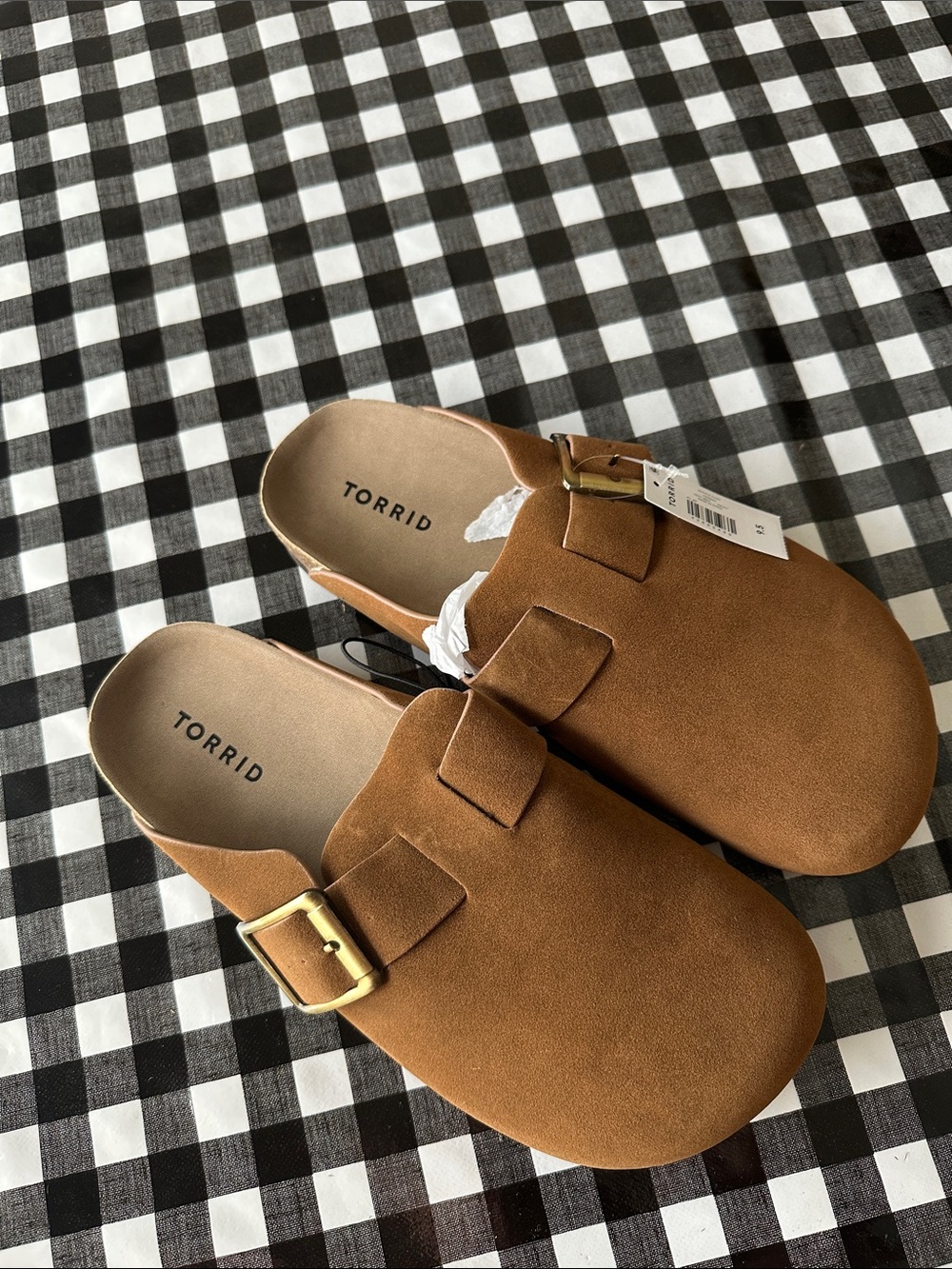 torrid Tan Suede Slip-On Clog Mules with Gold Buckle